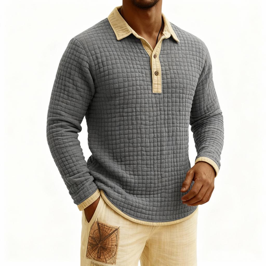 Men's Quilted Knit Color-blocked Pullover Button-down Top