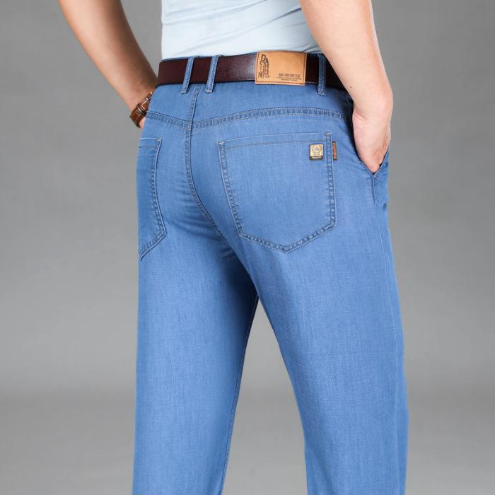 

Летние новые высококачественные мужские джинсы, эластичные, светлого цвета, прямые, с высокой талией, деловые, повседневные, джинсовые брюки 36 светло-синий