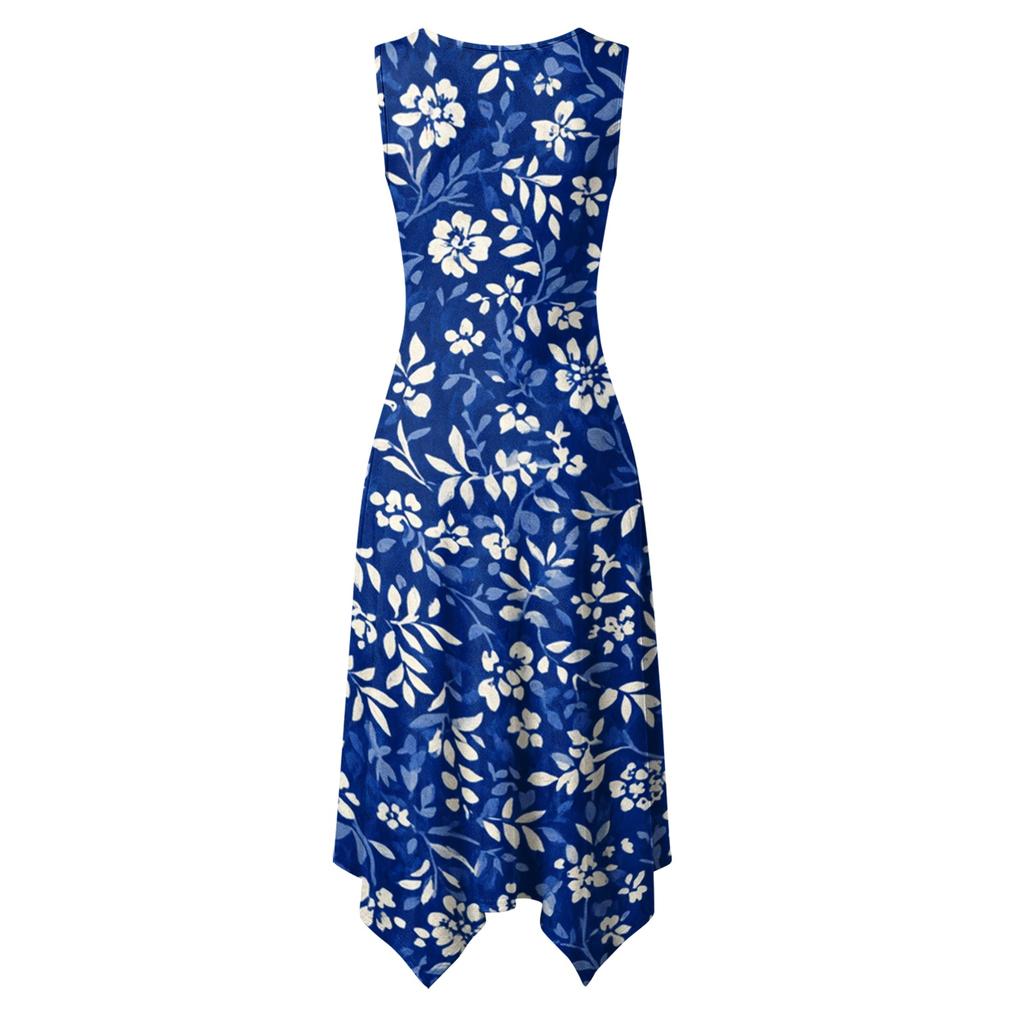 Women Sleeveless Casual Floral Print Dress Round Neck Irregular Hem Mid Length Summer Dress