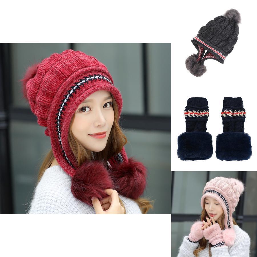 Elegant Fashion Winter Hat Gloves Set For Women With Warm Knit Beanie And Pompoms