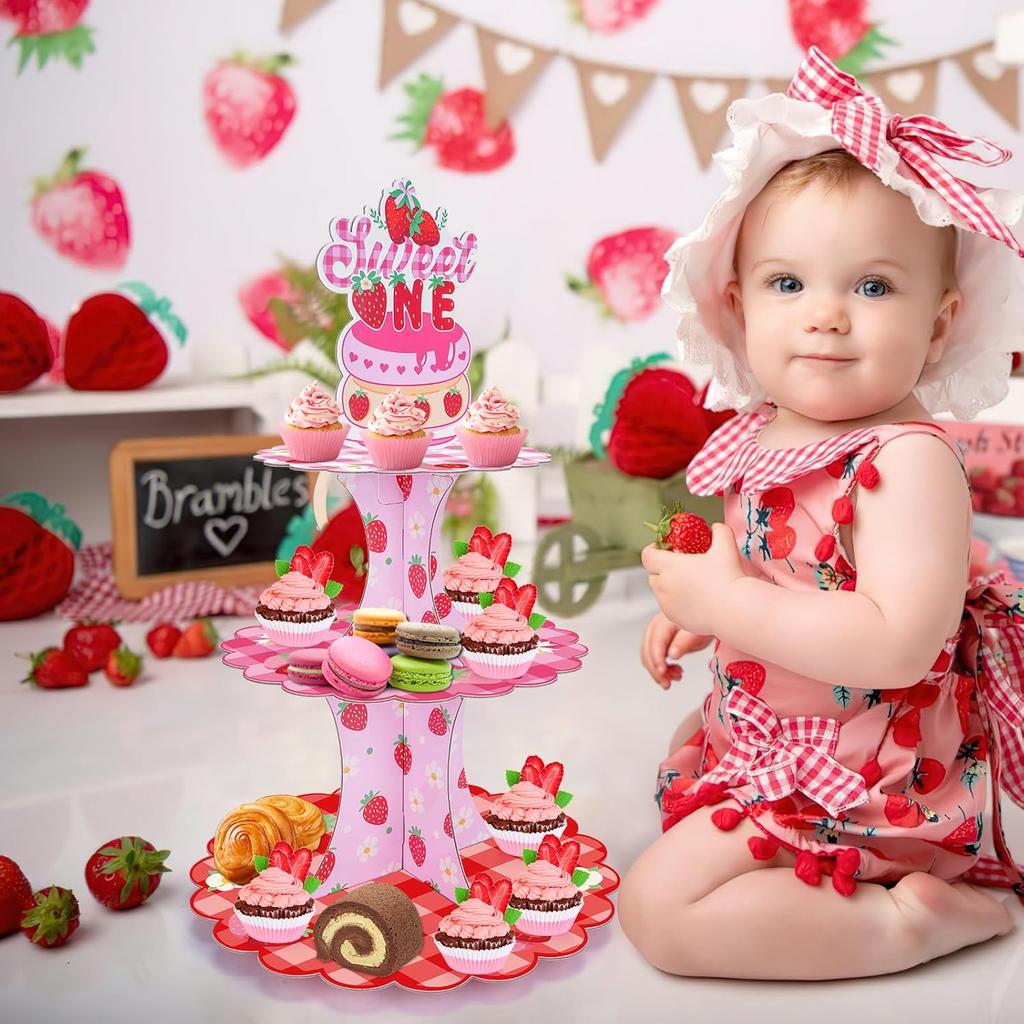 Strawberry Cupcake Stand Decorations - Berry First Birthday Table Decor 3 Tier Cake Dessert Paper Tower Pastry Holder Shortcake Tiered Topper for