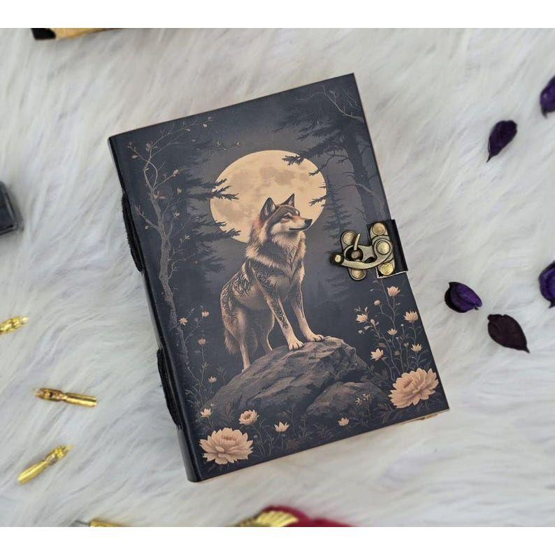 Lunar Wolf Grimoire – Handcrafted Vintage Book with Lock | Leather Notebook with Wolf & Moon Cover | Aesthetic Gothic Book | Grimoire Book