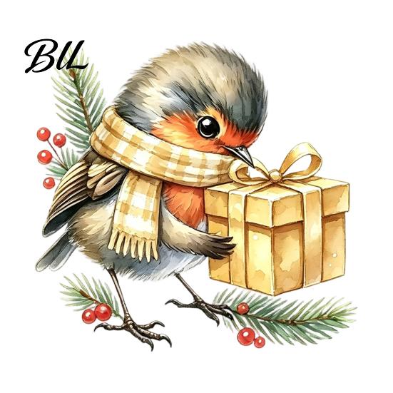Creative Gift Ideas Christmas Bird Static Window Sticker, Cute Watercolor Glass Stickers with Pine Branch, PVC Waterproof Film Clings for Holiday