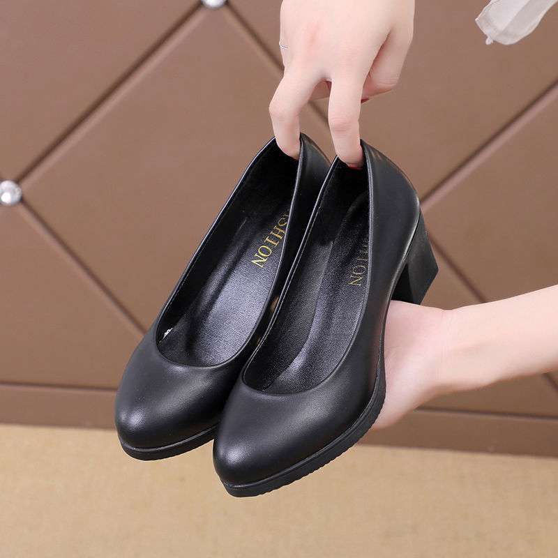 Black work shoes women's comfortable medium heel professional shoes soft sole non-slip women's leather shoes thick heel round head single shoes
