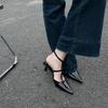 2025 Spring and Summer New Patent Leather Cross Strap Pointed Heel Middle Heel Single Shoes Empty Bag Head High Heel Sandals