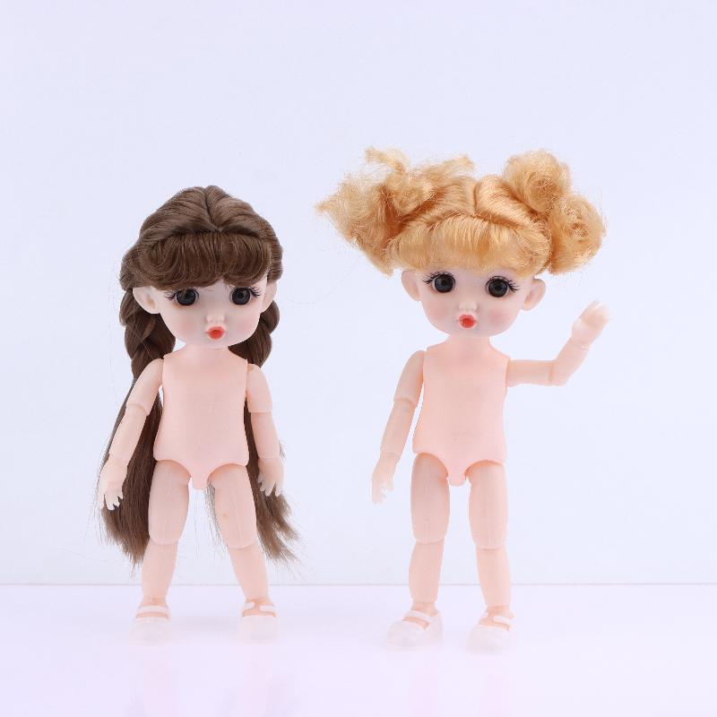 1 Set Nude Doll 3D Simulation Eyes 13 Joint Black Long Hair 1/8 17Cm Doll Plastic Doll Head Toys With Gold Brown Hair Kids Gift