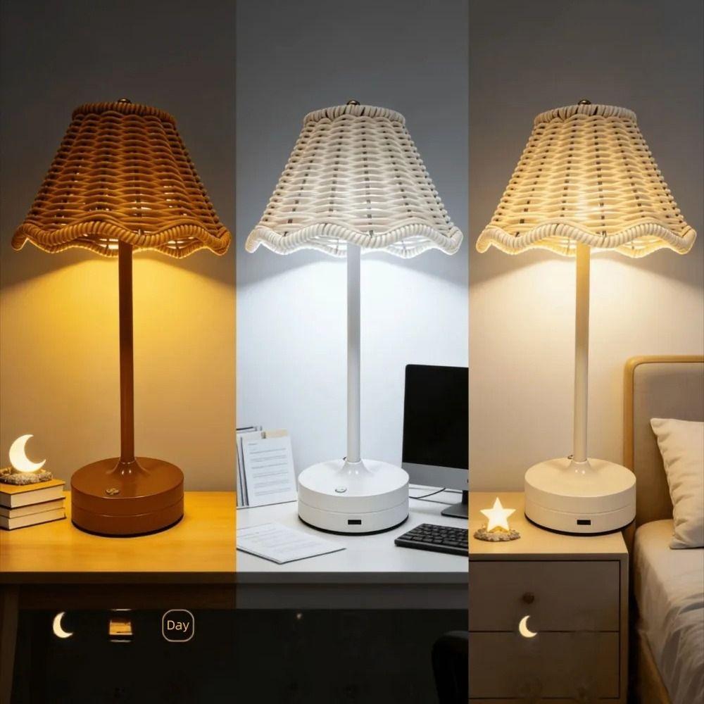 Touch Sensor Rattan Desk Lamp Adjustable Brightness LED Night Light Bedside Light