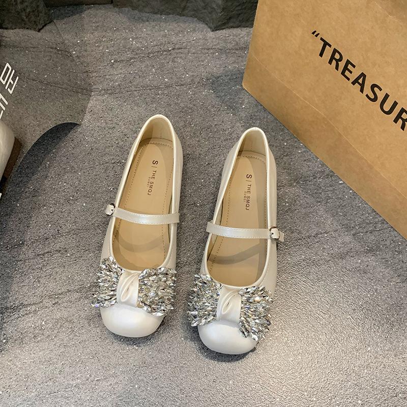 

Французские туфли Мэри Джейн с бантом из страз женские 2025 новые красивые балетки вечерние нежные с мелким вырезом одинарные туфли 40 бежевый