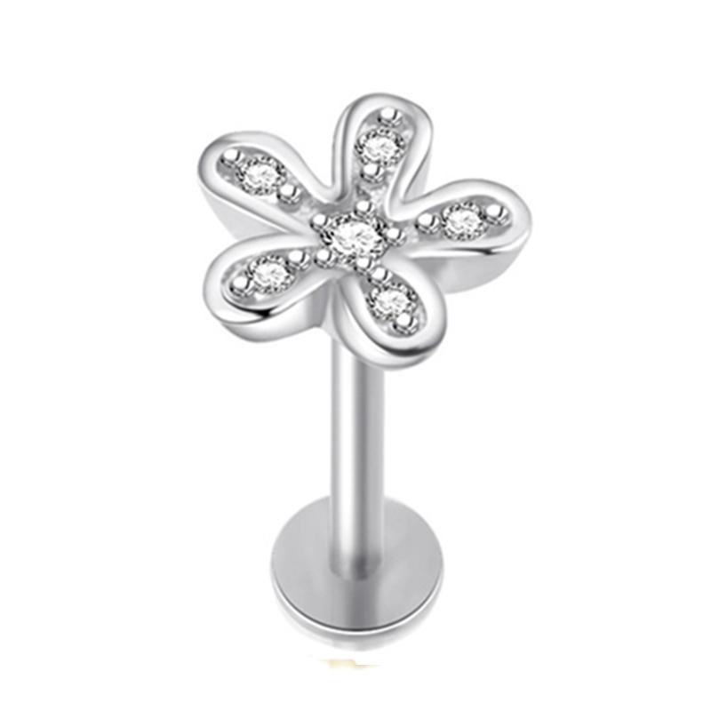 Crystal Flower Tragus Piercing Earring Flat 16G Cross Cartilage Piercing Stud Helix Jewelry Conch Rook Lobe Earring Labret Stud