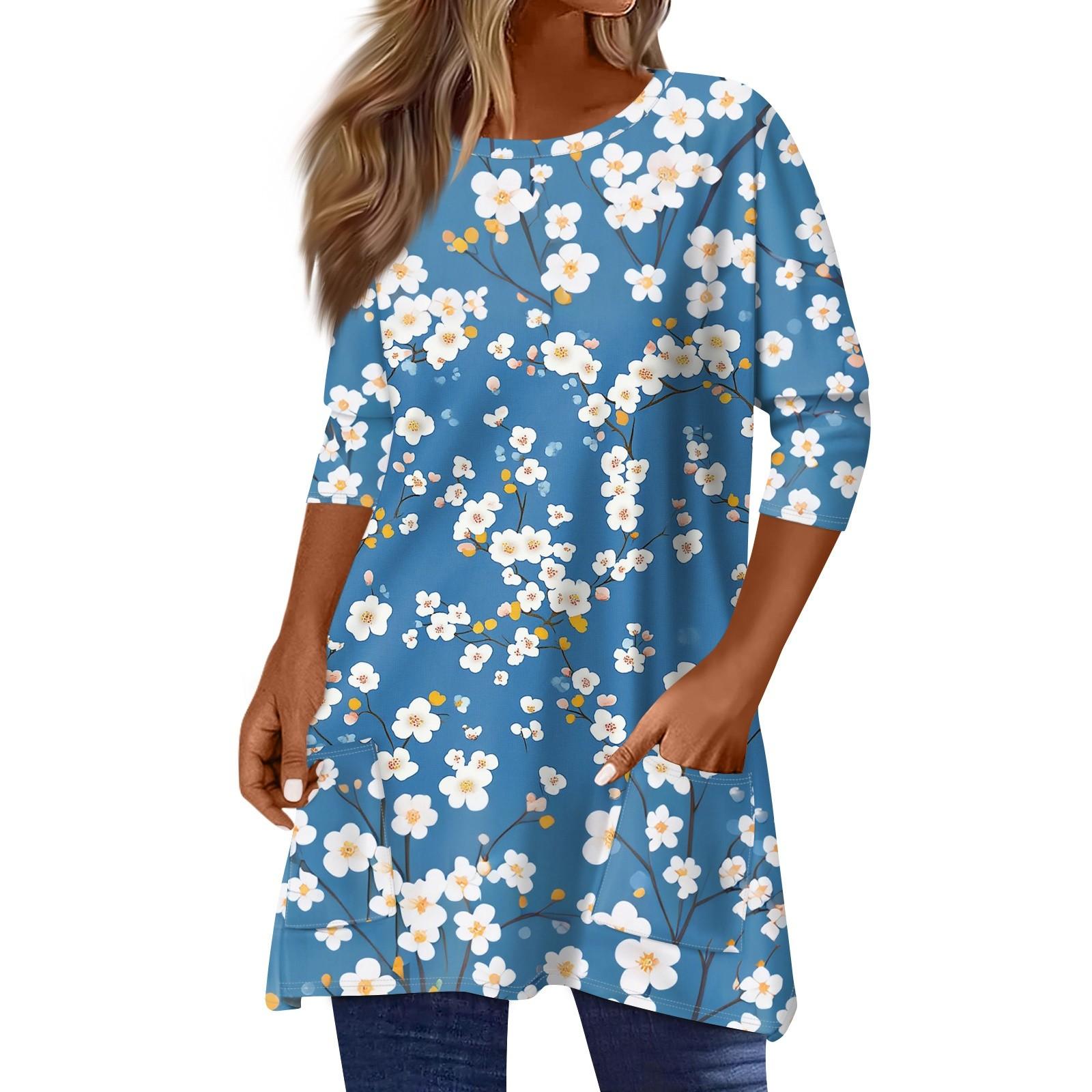 

3/4 Sleeve Pocket Tops For Women Print Mid-length T Shirt Round Neck Blouse L