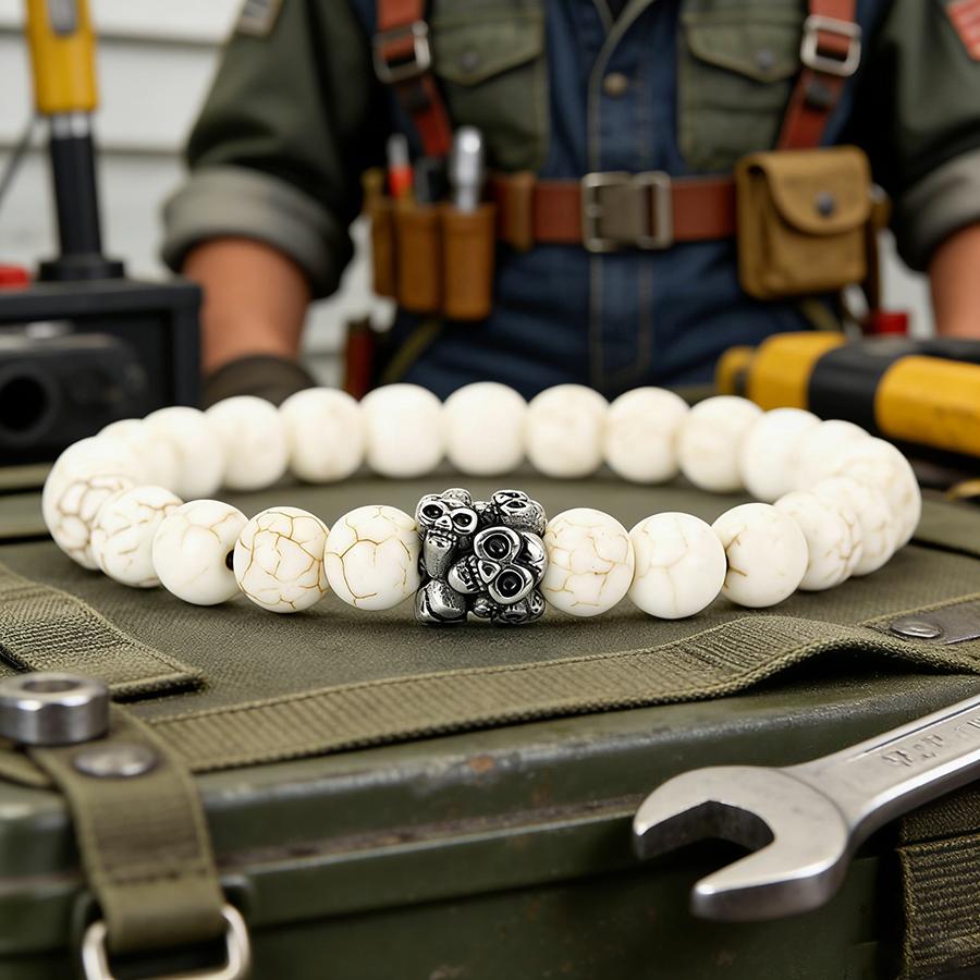 Noter New Gothic Skull Bracelet For Men Stainless Steel Metal 8mm Lava Howlite Obsidian Strand Braslet Sports Wrist Accessories