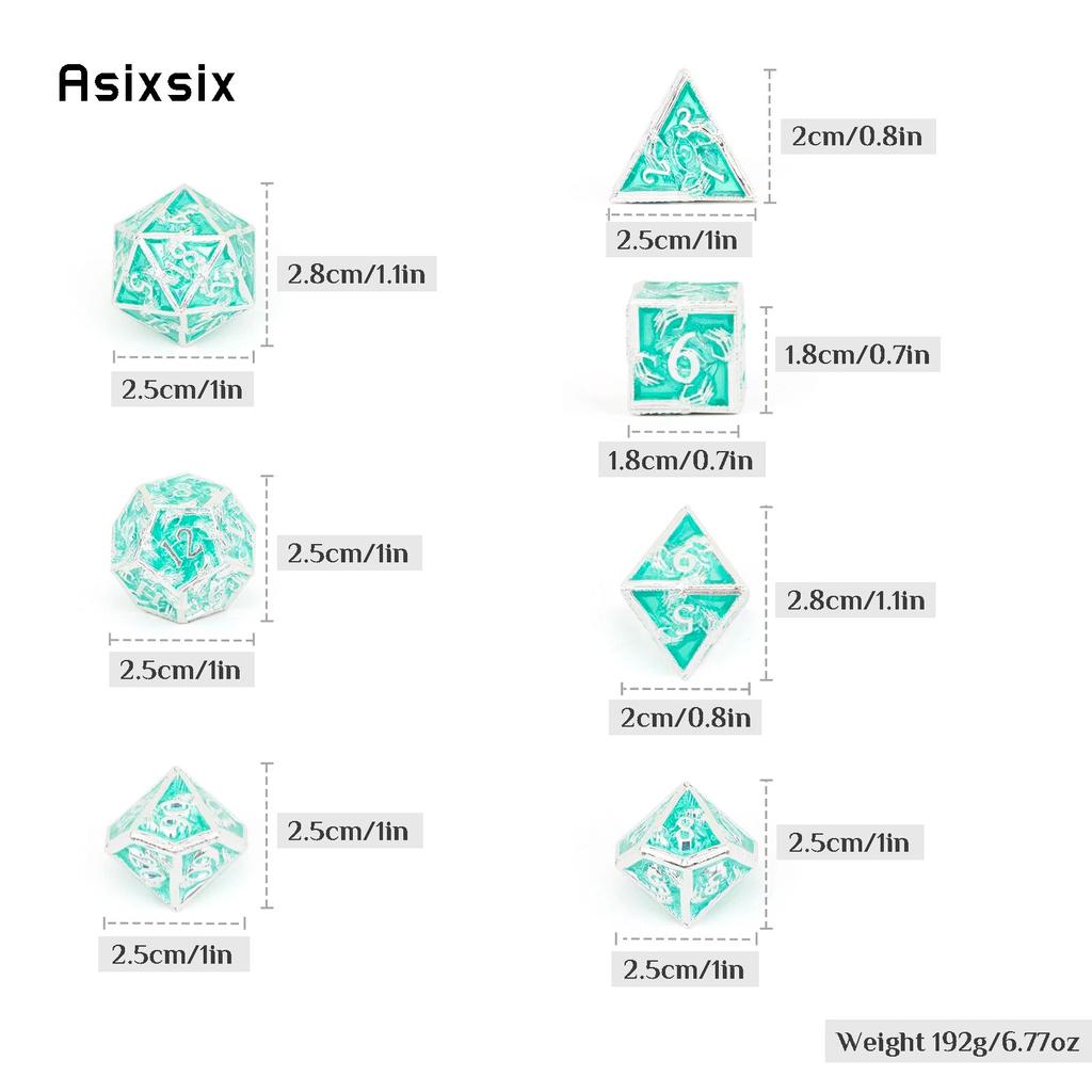 7 Pcs Silver Green Hand Metal Dice Solid Metal Polyhedral Dice Set Suitable for Role-Playing RPG  Board Game Card Game