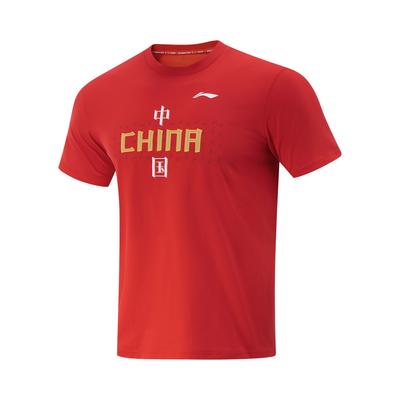 Li Ning Badminton Series Letter Round Neck Comfortable Breathable Versatile Short Sleeve T-Shirt Unisex T-Shirt Cinnabar-Red AHSV057-3