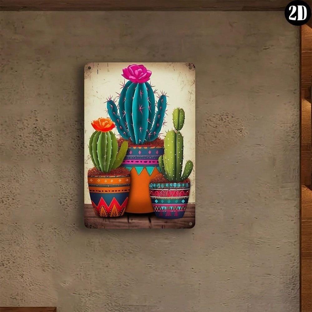 Metal Wall Art Cactus In Pot Vintage Tin Sign for Bar Cafe Decor 8x12 Inch