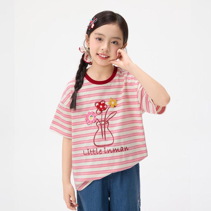 Xiaoyinman Girls  Striped 3D Floral Short Sleeve T-Shirt 120