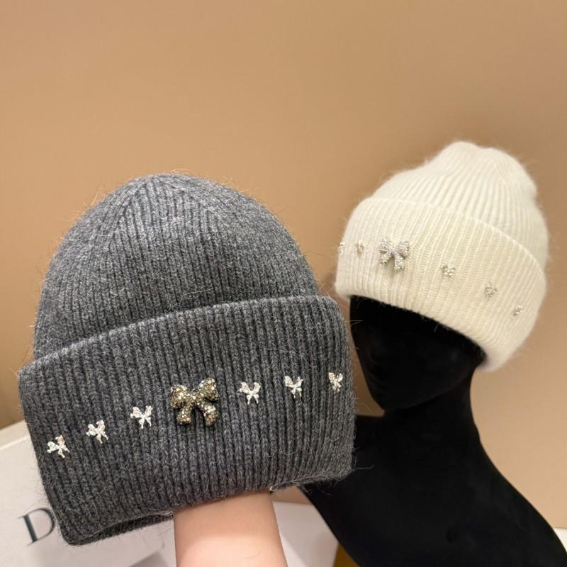 Winter High-Quality Bow Rhinestone Knit Hat Rabbit Fur Ear-Protection Warm Beanie Women