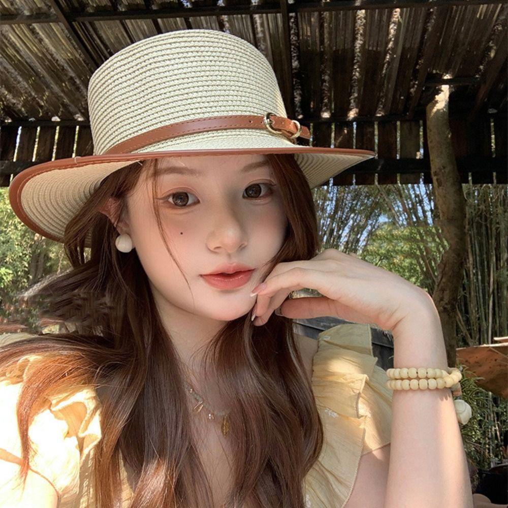 Wide Brim Flat Top Cowboy Cap Flat Brim Panama Hat Retro Women's Sun Hat  Travel