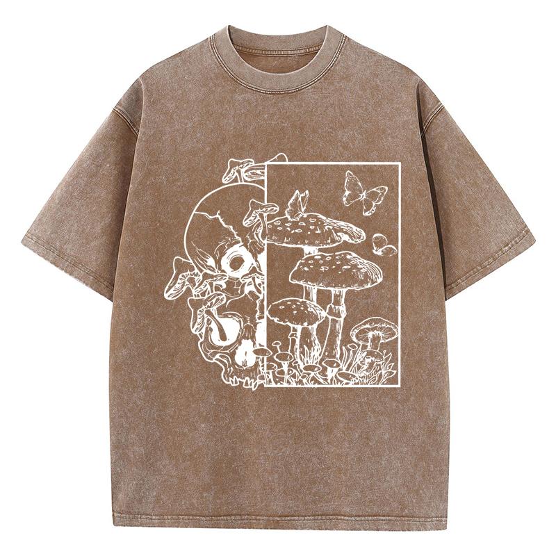 

Skeleton Growing In Mushrooms Butterfly Print Washed T Shirt Women Summer Clothes Trendy O-Neck Tops Cotton Streetwear 3XL