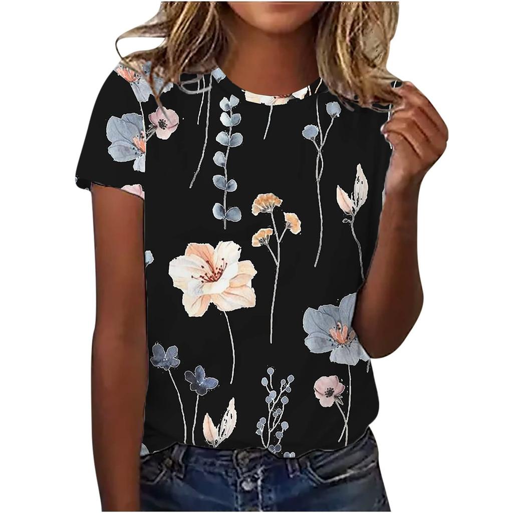 Women's Fashion Casual Short Sleeve Flower Print Round Neck Pullover Top Blouse