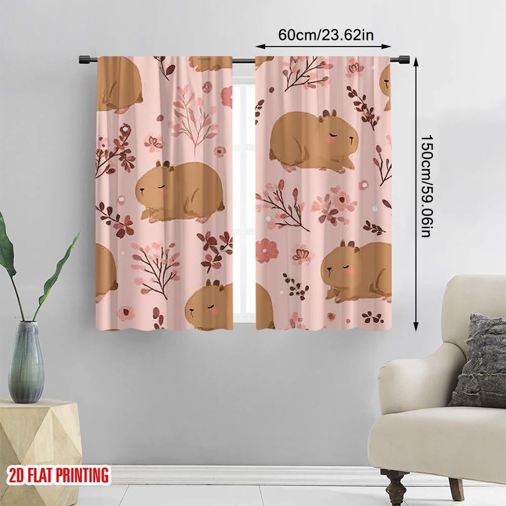 2D flat printing 2pcs Window Curtains Cute Capybara 100% Polyester Without Electricity Versatile Use for room decor aesthetic