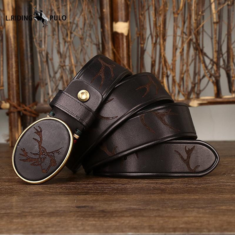 Cintura Trendy con Fibbia Liscia a Motivo Intagliato Retro Uomo Vera Pelle Primo Strato Pelle Bovina Cintura con Fibbia Uomo
