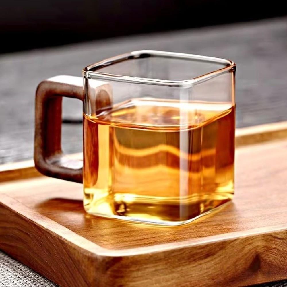 Minimalist Thicken Glass Coffee Mug Heat-resistant Wooden Handle Teacup Square Mini Breakfast Milk Cup Gift