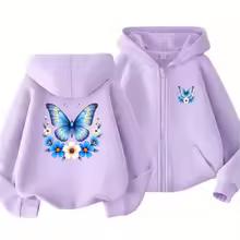 Butterfly Flower Girl Pink Hoodie Zip Up Cardigan Tops Black Hoodies 3-12 Year Zipper Style Children Red Autumn Coat