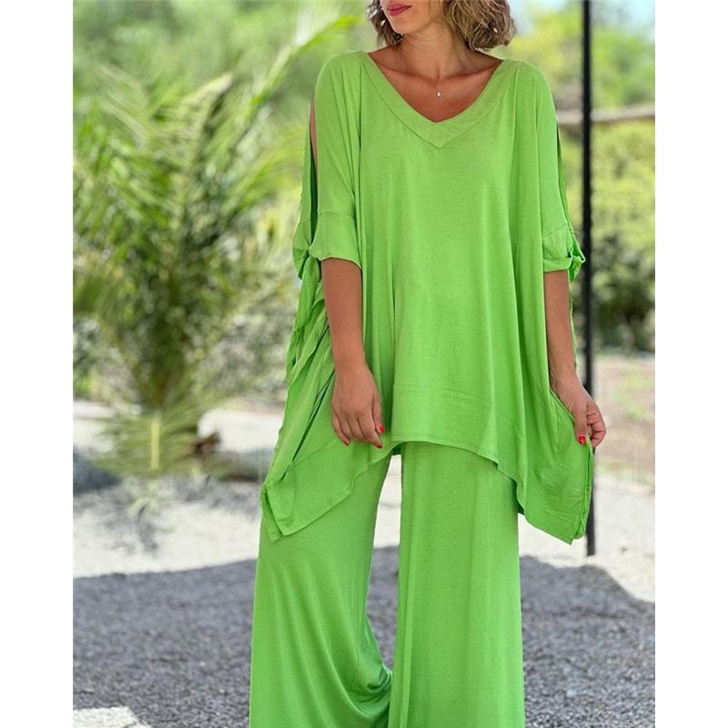 

Европейский и американский женский костюм-двойка Женский летний на шнуровке с V-образным вырезом Рукава пять четвертей Свободный повседневный Однотонные брюки Широкие брюки Костюм 5XL зелёный