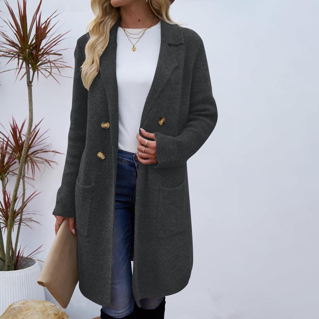 Women's Lapel Long Sleeve Mid-Length Woolen Coat Loose Fit Casual Fall Winter Blazer Jacket