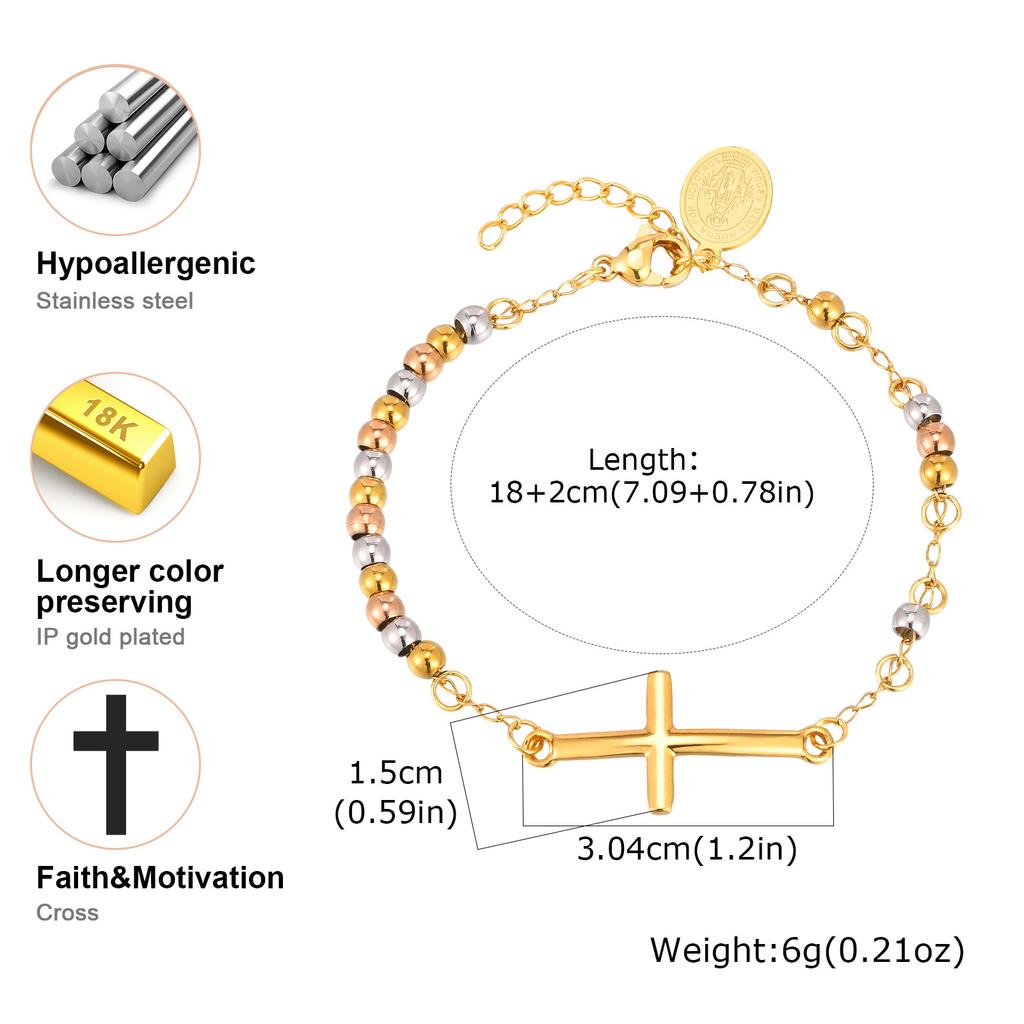 Vnox Stainless Steel Rosary Bracelet With Virgin Mary Bar, Beads Chain Cross Bracelets For Women, Prayer Faith Jewelry Gift
