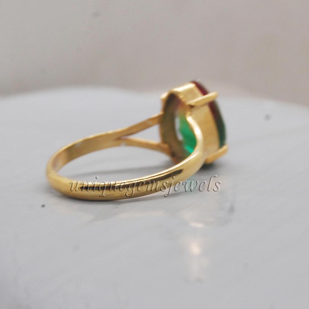 Pink Green Watermelon Tourmaline Quartz 925 Sterling Silver Ring, 18K Rose Gold, 18K Yellow Gold Ring, Split Band Signet Zodiac Jewelry