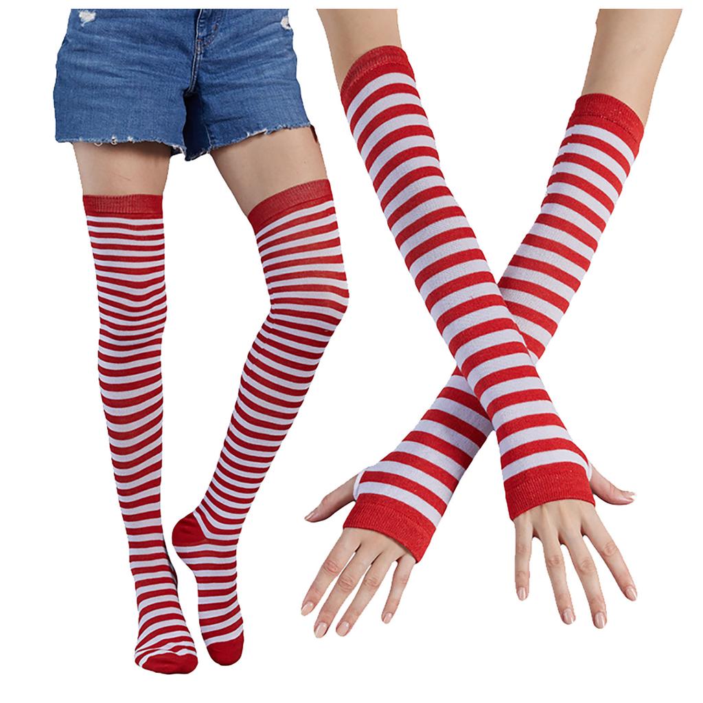 (Projector)Fashion Striped Cotton Long Tube Seven Rainbow Gloves + Socks Combination