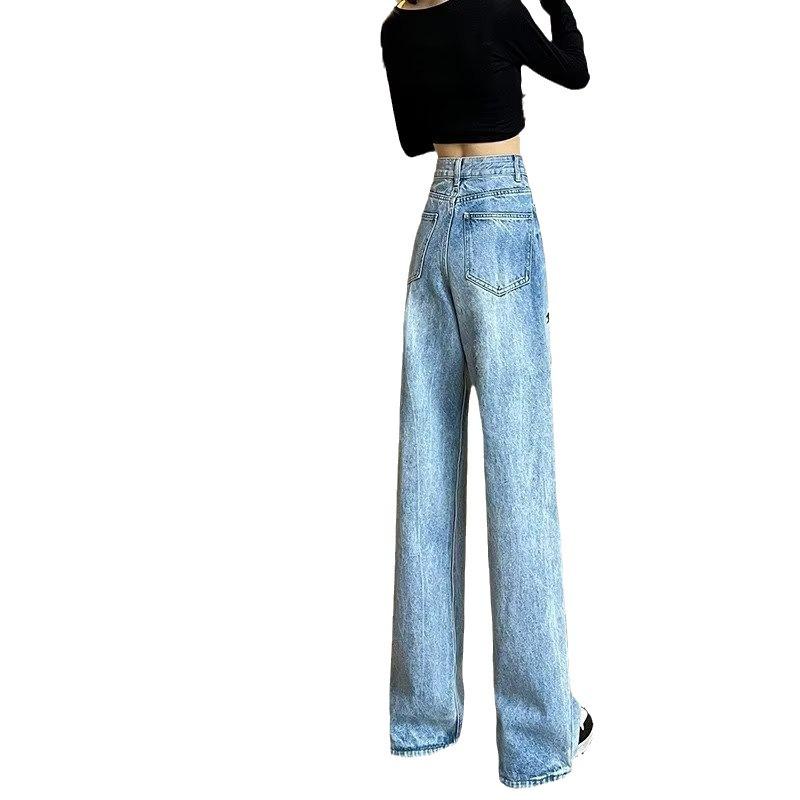 Embroidered High-Waist Straight-Leg Jeans for Women - Spring/Autumn Trendy Floor-Length Pants