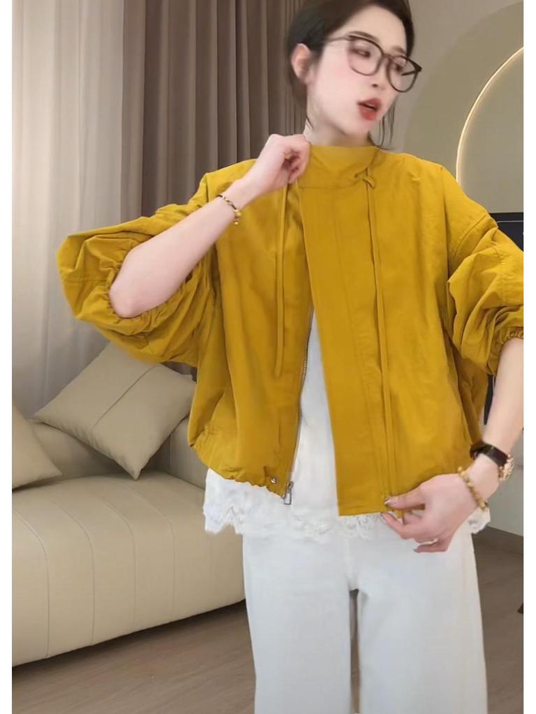 Design Sense Women's 2025 Spring Japanese Style Drawstring Stand-Up Collar Workwear Jacket