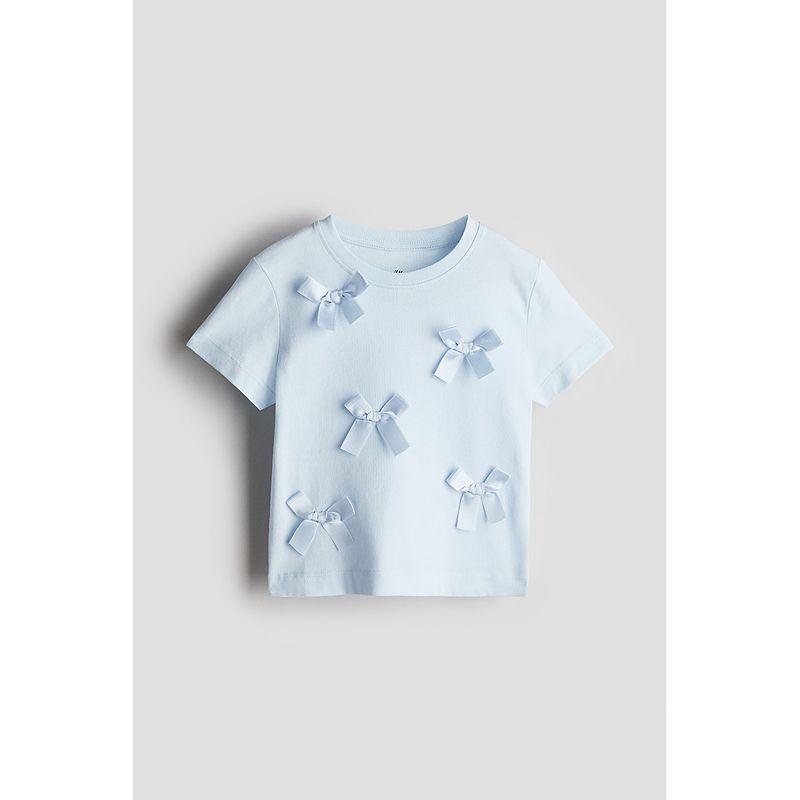 

Детская одежда HM Футболка для девочки 2025 Лето Новое поступление Модный дизайн с бантом круглый вырез короткий рукав топы 1276546 Light blue/Bows 120/60