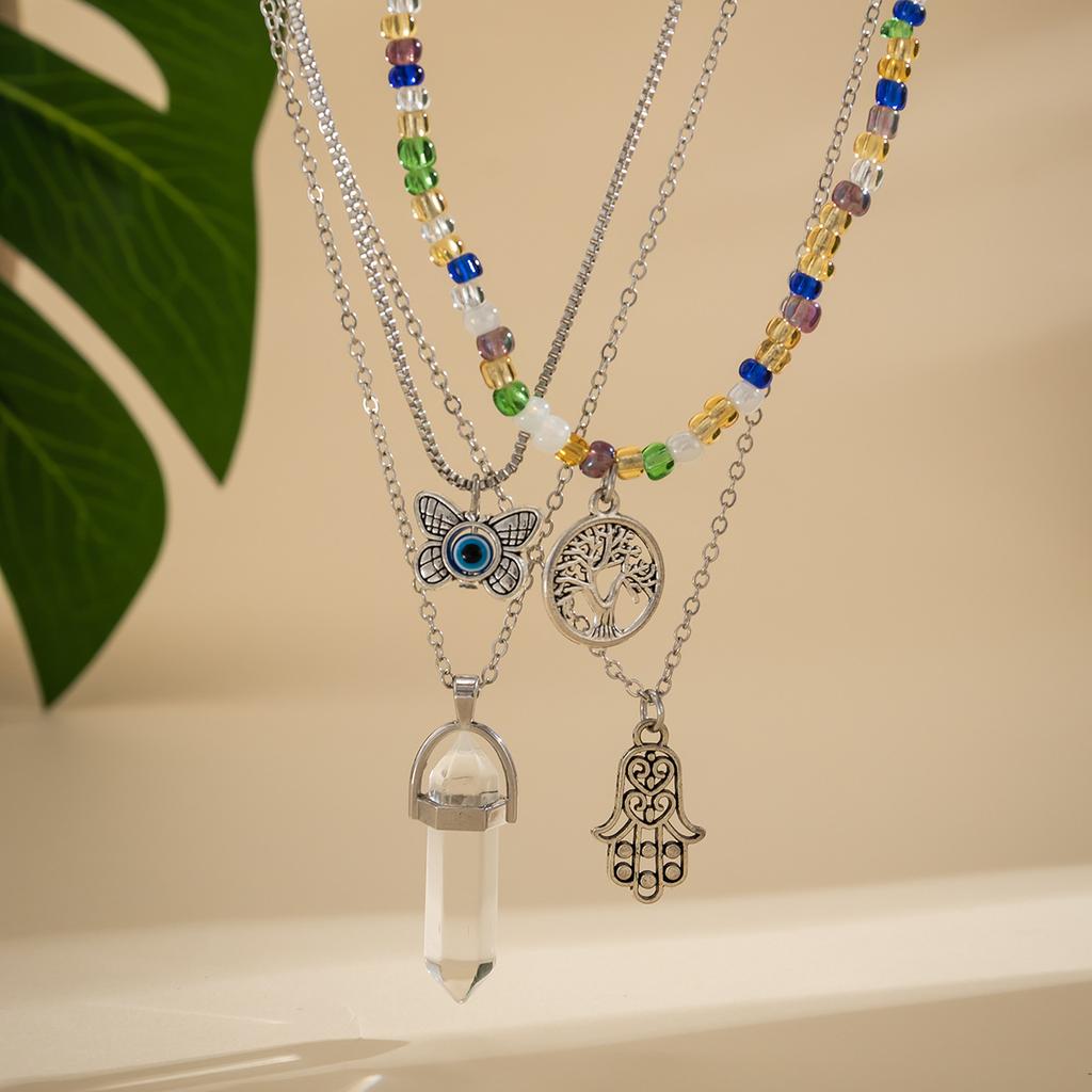 Personalized Stacked Butterfly Bergamot Pendant Necklace Set, Simple Colored Rice Bead Imitation Crystal Necklace