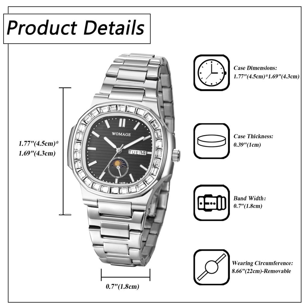 Diamond Watch Stainless Steel Luminous Analog Calendar Quartz Watch Waterproof Fashion Accessories Gold Birthday Anniversary Christmas Day Present