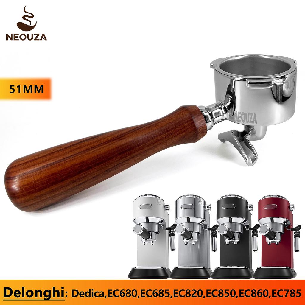 NEOUZA Espresso Portafilter, 51mm, for DeLonghi, Dedica EC680, EC685, and Smeg Coffee Machines, Non-Pressurized Basket, Double Spout (3 Ears)