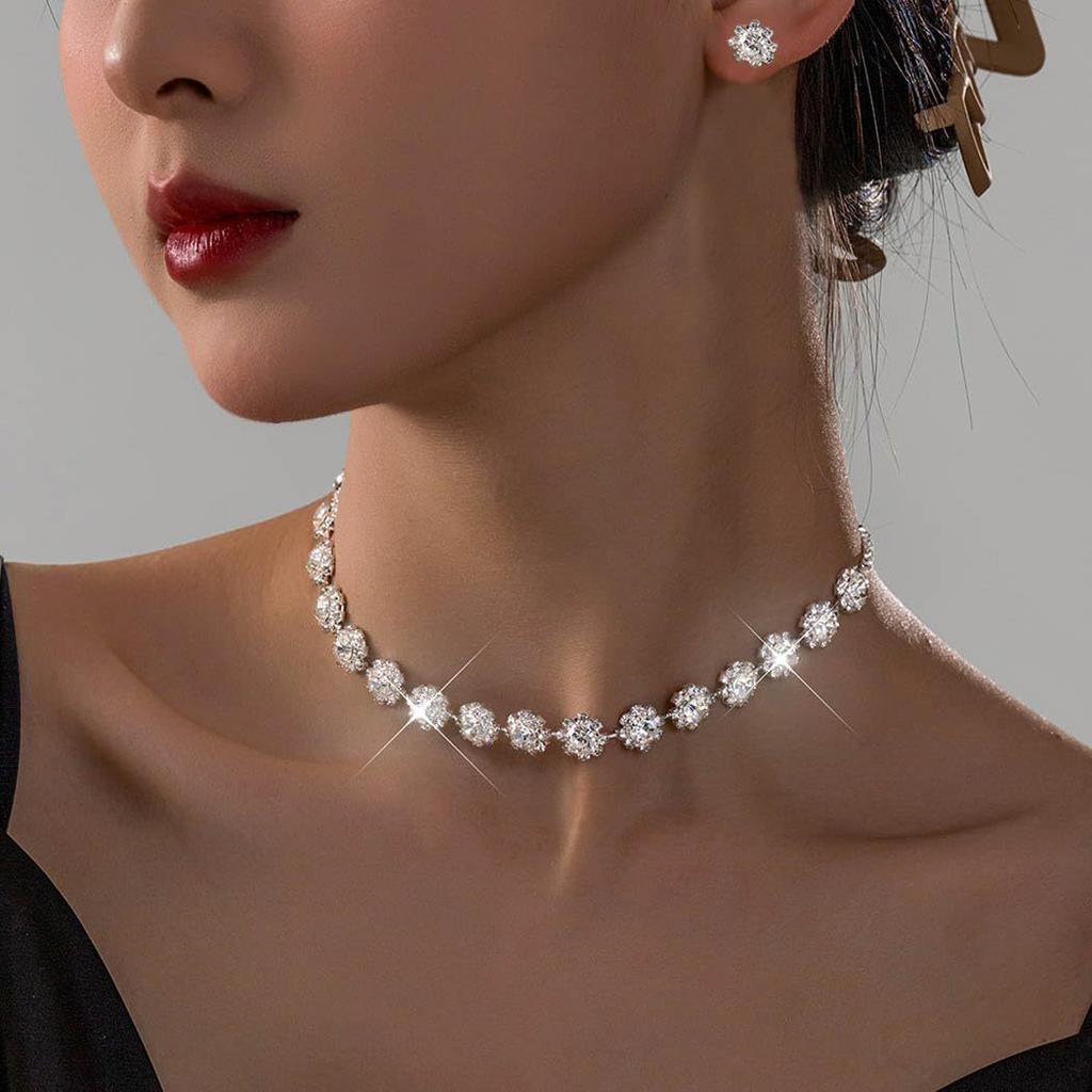 Korean Minimalist Crystal Rhinestone Necklace and Earrings Set , Light Women Jewelry 2 - Piece Set
