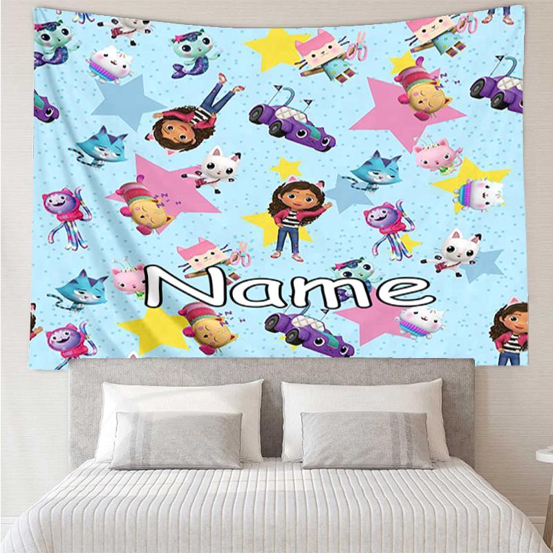 Custom Name Gabby’s Dollhouse Print Tapestry, Backdrop, Easy Setup, Ideal for Bedroom, Office & Living Room, with Aesthetic Wall Hanging Decor.