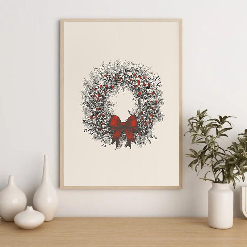 Vintage Antique Christmas Wreath Pine Tree Forest Winter Sketch Poster Canvas Painting Wall Art Pictures Home Interior Decor