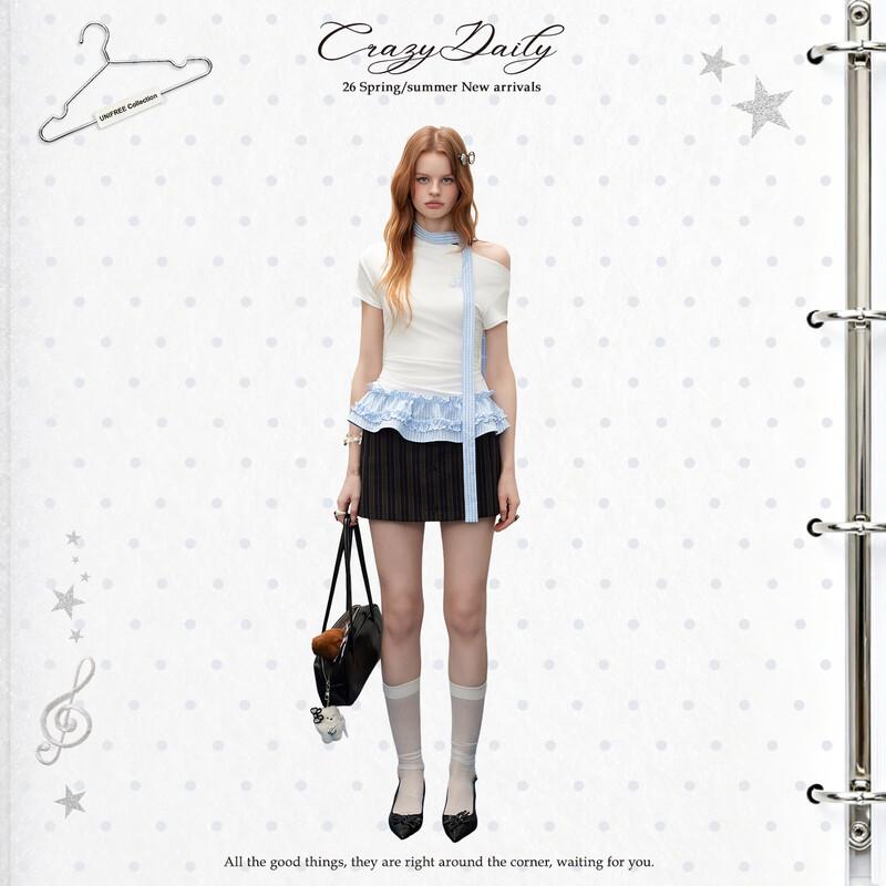 UNIFREE Women's Asymmetric Lace Trim Slim Fit T-Shirt