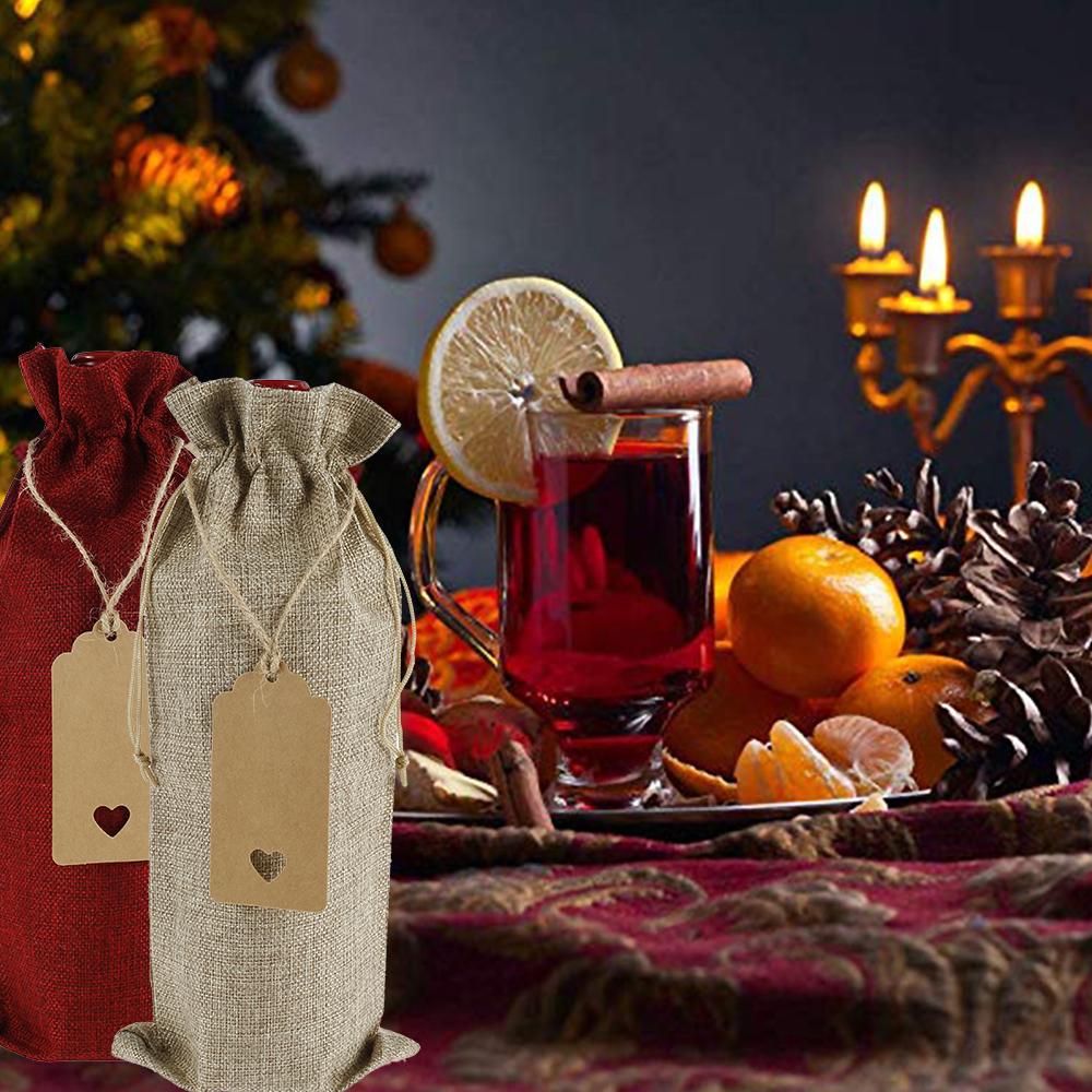 10Pcs Burlap Wine Bags with Drawstrings and Tags Wine Bottle Gift Bags Christmas Wedding Birthday Holiday Party Housewarming