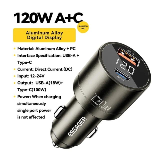 Essager Încărcător auto PD 120W Încărcător super rapid QC 4.0 PD 3.0 pentru iPhone 15 14 Încărcător USB tip C Samsung Încărcător portabil pentru telefon