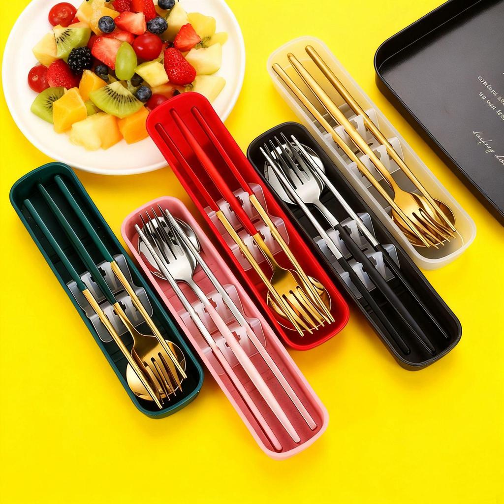 410 Stainless Steel Travel Cutlery Set: Fork, Spoon & Chopsticks In Gift Box. Perfect for Students!