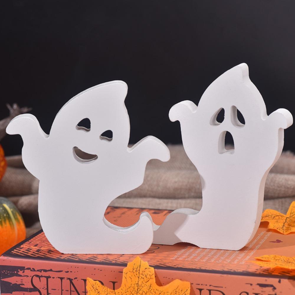 3pcs/set White Ghost Festival Wooden Decoration Cartoon Cute Halloween Atmosphere Decoration Wood Durable
