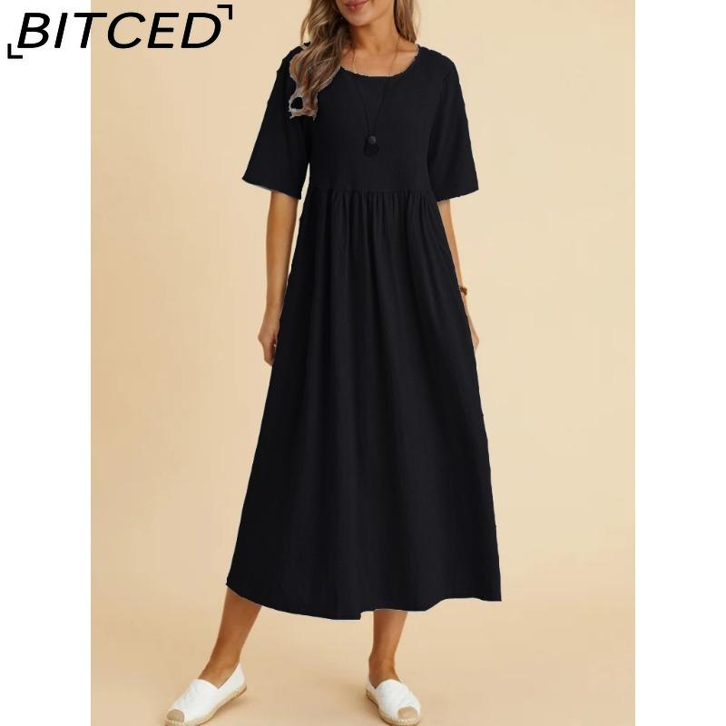 

BITCED Женское модное однотонное платье большого размера из хлопка и льна с круглым вырезом и рукавами-пятью XXL чёрный