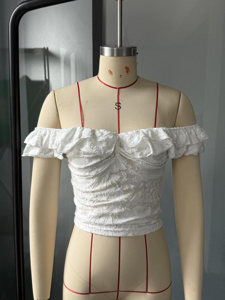 Damen Weißes Spitzen-One-Shoulder-Rüschen-Crop-Top mit Rückenausschnitt - Sommer Mode