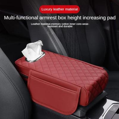 Car Armrest Cover Leather With Tissue Storage Memory Foam Height Pad Universal Auto Center Armrest Protective Cushion Support