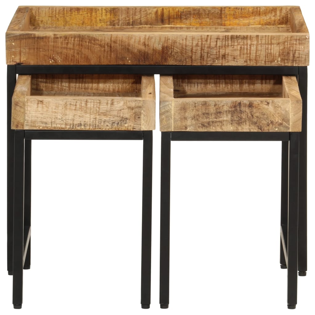 Nesting Tables Set of 3 Rough Solid Mango Wood and Iron